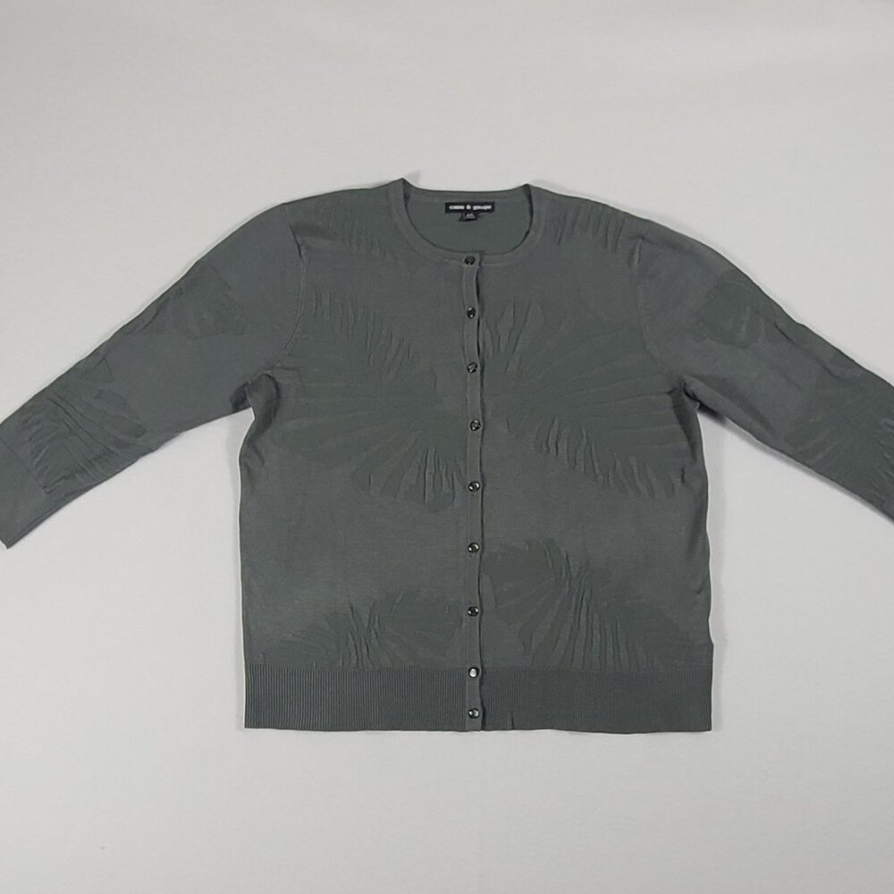 Cable & Gauge Cardigan Sweater Banana Leaf Green 3/4 Sleeve Classic Botanical